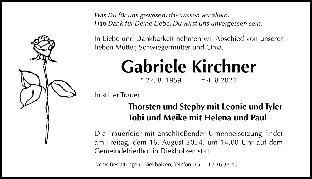  Traueranzeige für Gabriele Kirchner vom 10.08.2024 aus Hildesheimer Allgemeine Zeitung