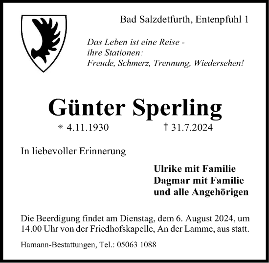 Traueranzeige von Günter Sperling von Hildesheimer Allgemeine Zeitung