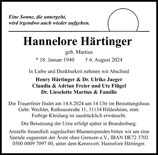 Traueranzeige von Hannelore Härtinger von Hildesheimer Allgemeine Zeitung