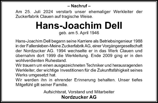 Traueranzeige von Hans-Joachim Dell von Hildesheimer Allgemeine Zeitung