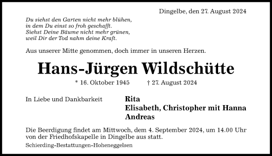 Traueranzeige von Hans-Jürgen Wildschütte von Hildesheimer Allgemeine Zeitung