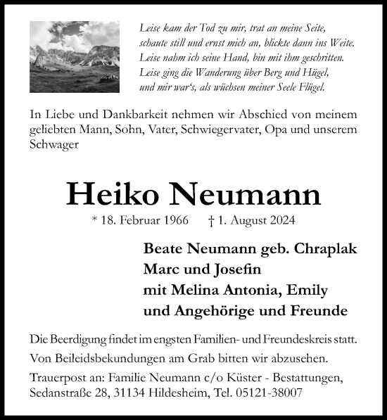 Traueranzeige von Heiko Neumann von Hildesheimer Allgemeine Zeitung