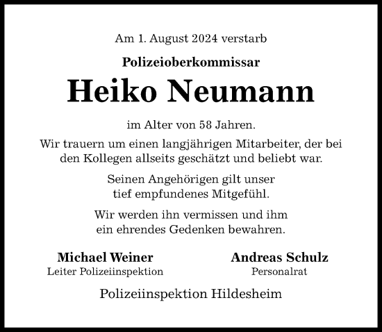 Traueranzeige von Heiko Neumann von Hildesheimer Allgemeine Zeitung