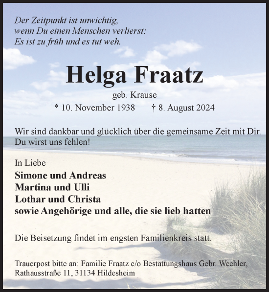 Traueranzeige von Helga Fraatz von Hildesheimer Allgemeine Zeitung