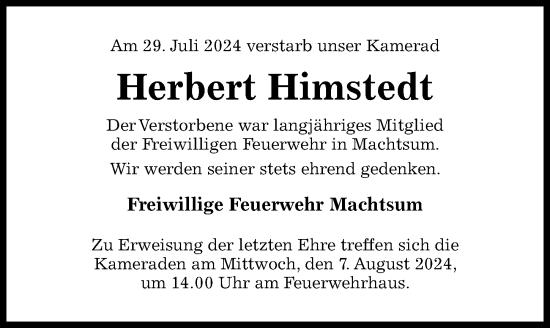 Traueranzeige von Herbert Himstedt von Hildesheimer Allgemeine Zeitung