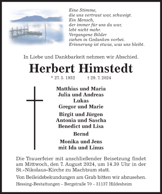 Traueranzeige von Herbert Himstedt von Hildesheimer Allgemeine Zeitung