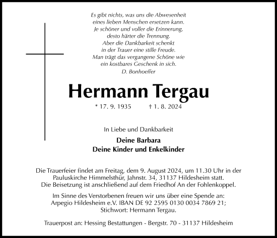 Traueranzeige von Hermann Tergau von Hildesheimer Allgemeine Zeitung