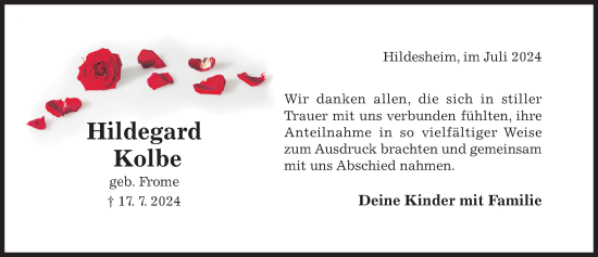 Traueranzeige von Hildegard Kolbe von Hildesheimer Allgemeine Zeitung