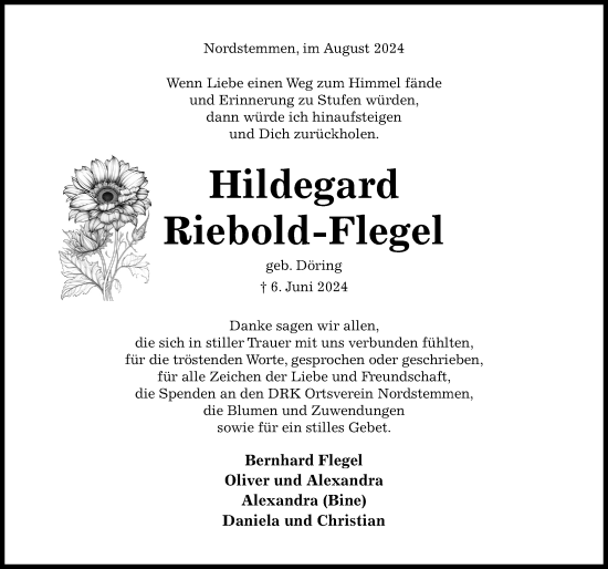 Traueranzeige von Hildegard Riebold-Flegel von Hildesheimer Allgemeine Zeitung