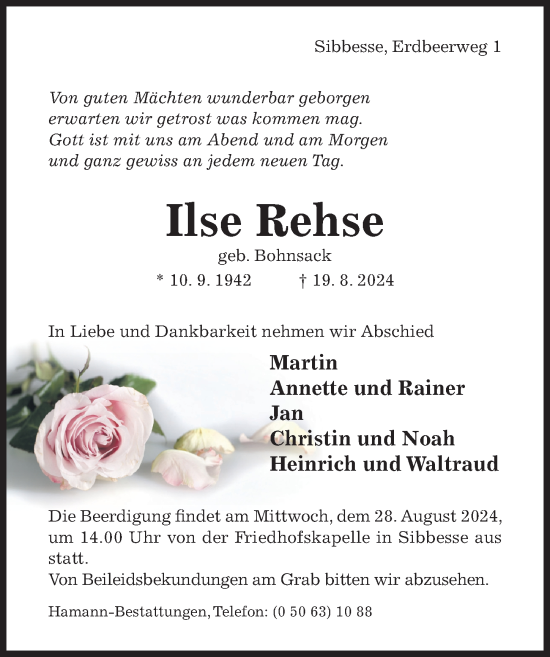 Traueranzeige von Ilse Rehse von Hildesheimer Allgemeine Zeitung