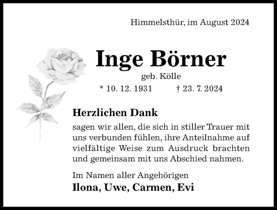 Traueranzeige von Inge Börner von Hildesheimer Allgemeine Zeitung