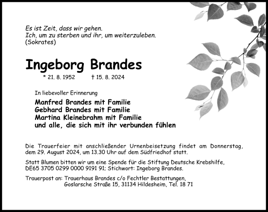 Traueranzeige von Ingeborg Brandes von Hildesheimer Allgemeine Zeitung