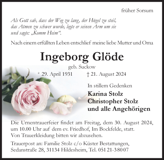 Traueranzeige von Ingeborg Glöde von Hildesheimer Allgemeine Zeitung