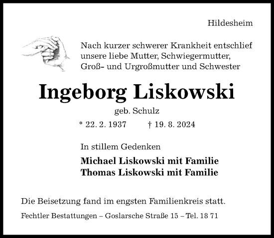 Traueranzeige von Ingeborg Liskowski von Hildesheimer Allgemeine Zeitung