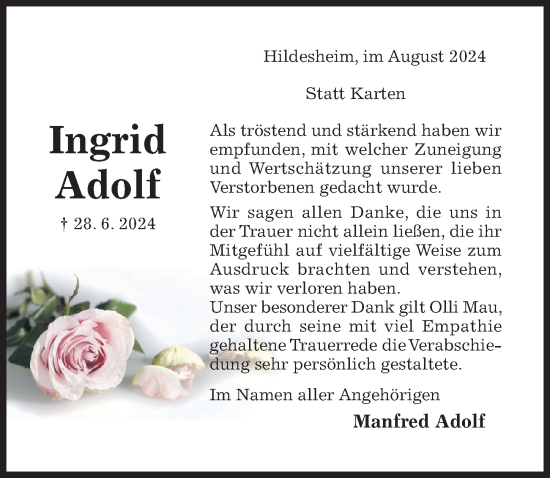 Traueranzeige von Ingrid Adolf von Hildesheimer Allgemeine Zeitung