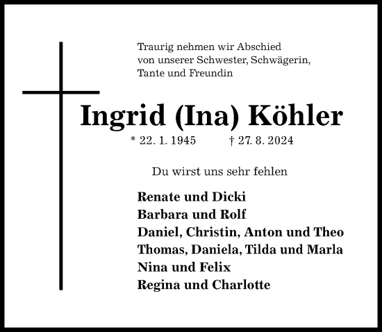 Traueranzeige von Ingrid Köhler von Hildesheimer Allgemeine Zeitung