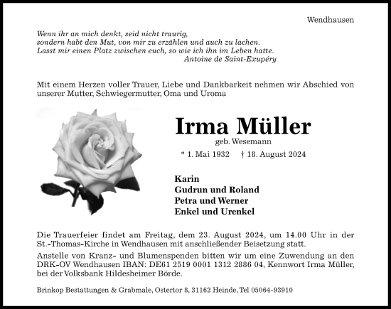 Traueranzeige von Irma Müller von Hildesheimer Allgemeine Zeitung