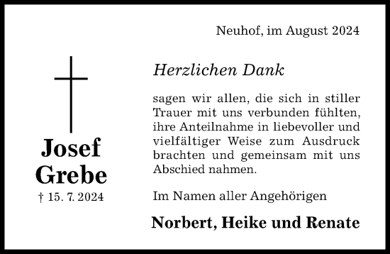 Traueranzeige von Josef Grebe von Hildesheimer Allgemeine Zeitung