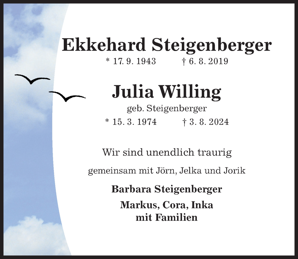  Traueranzeige für Julia Willing vom 06.08.2024 aus Hildesheimer Allgemeine Zeitung