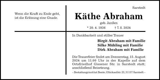 Traueranzeige von Käthe Abraham von Hildesheimer Allgemeine Zeitung