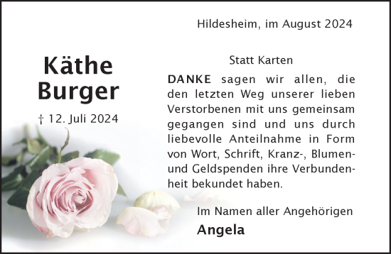 Traueranzeige von Käthe Burger von Hildesheimer Allgemeine Zeitung