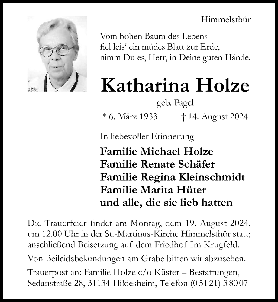  Traueranzeige für Katharina Holze vom 17.08.2024 aus Hildesheimer Allgemeine Zeitung