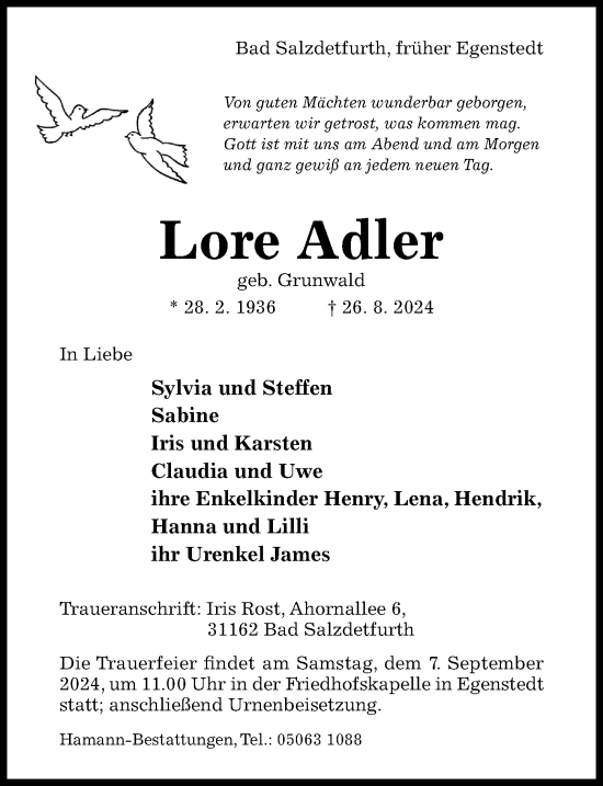 Traueranzeige von Lore Adler von Hildesheimer Allgemeine Zeitung