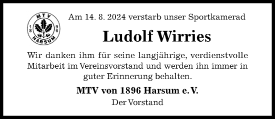 Traueranzeige von Ludolf Wirries von Hildesheimer Allgemeine Zeitung