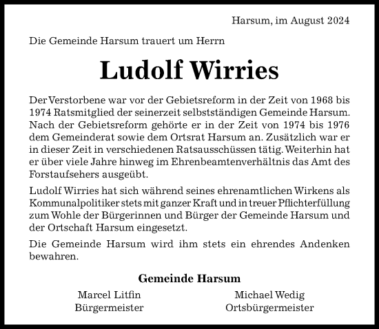 Traueranzeige von Ludolf Wirries von Hildesheimer Allgemeine Zeitung