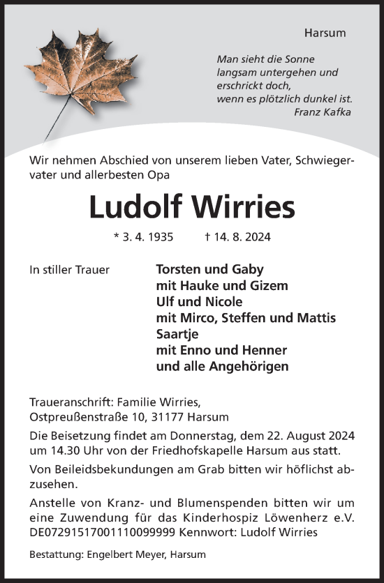 Traueranzeige von Ludolf Wirries von Hildesheimer Allgemeine Zeitung