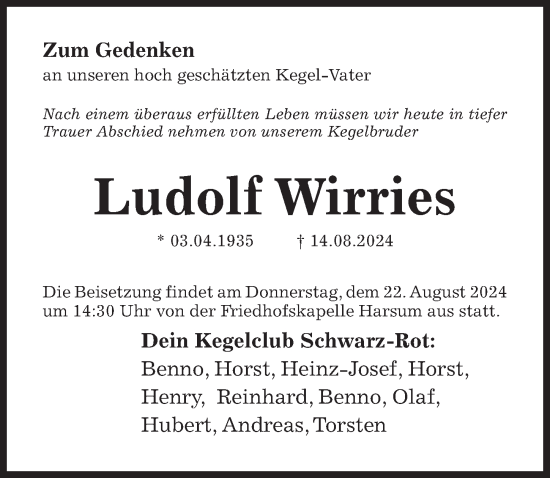 Traueranzeige von Ludolf Wirries von Hildesheimer Allgemeine Zeitung