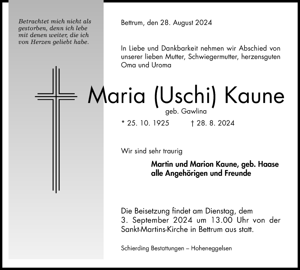  Traueranzeige für Maria Kaune vom 31.08.2024 aus Hildesheimer Allgemeine Zeitung