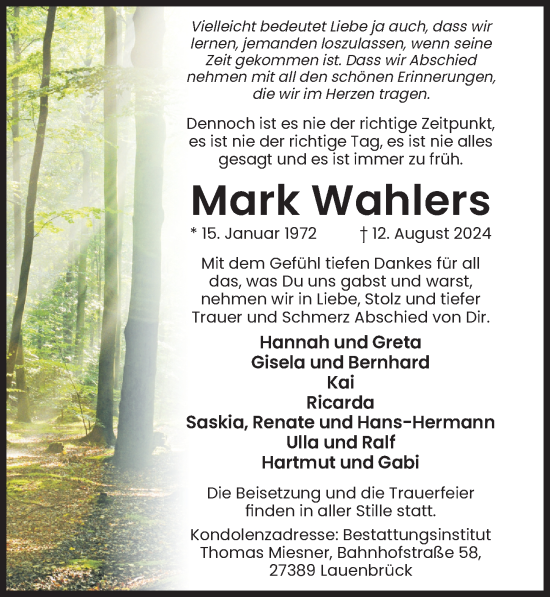 Traueranzeige von Mark Wahlers von Hildesheimer Allgemeine Zeitung