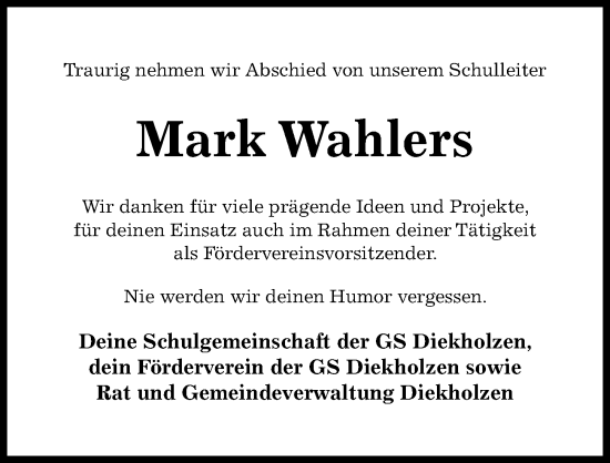 Traueranzeige von Mark Wahlers von Hildesheimer Allgemeine Zeitung