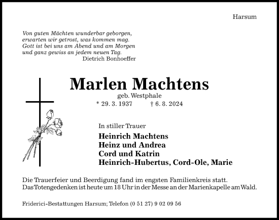 Traueranzeige von Marlen Machtens von Hildesheimer Allgemeine Zeitung