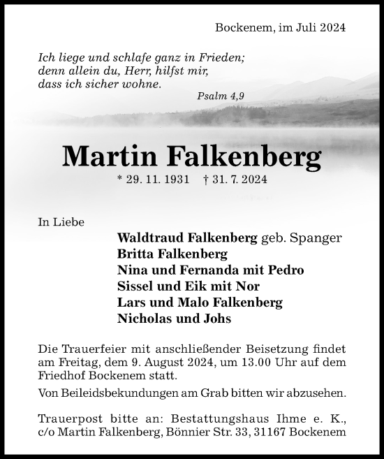 Traueranzeige von Martin Falkenberg von Hildesheimer Allgemeine Zeitung