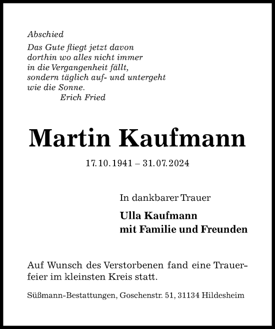 Traueranzeige von Martin Kaufmann von Hildesheimer Allgemeine Zeitung