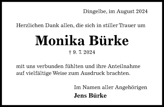 Traueranzeige von Monika Bürke von Hildesheimer Allgemeine Zeitung