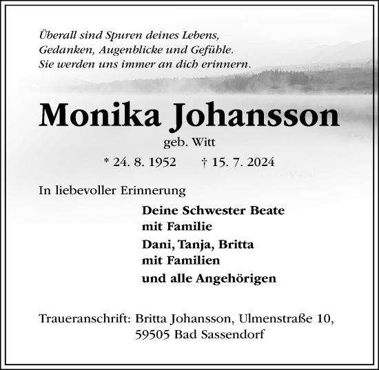 Traueranzeige von Monika Johansson von Hildesheimer Allgemeine Zeitung