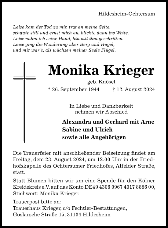 Traueranzeige von Monika Krieger von Hildesheimer Allgemeine Zeitung