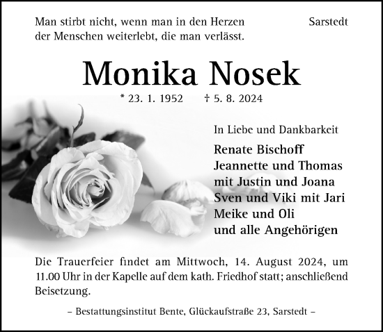 Traueranzeige von Monika Nosek von Hildesheimer Allgemeine Zeitung