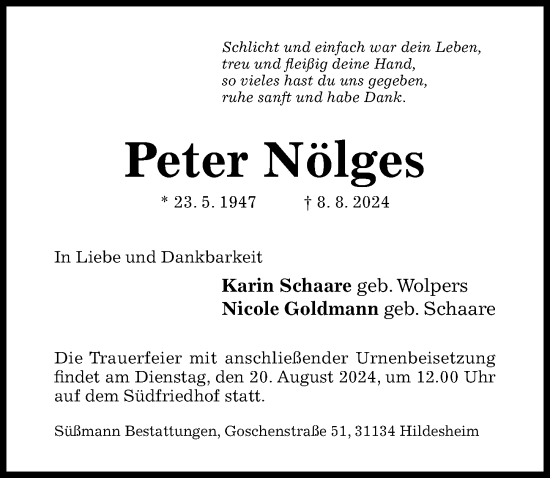 Traueranzeige von Peter Nölges von Hildesheimer Allgemeine Zeitung