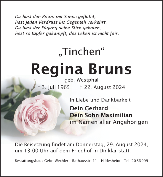 Traueranzeige von Regina Bruns von Hildesheimer Allgemeine Zeitung