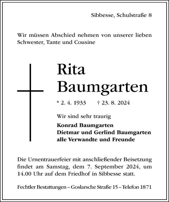 Traueranzeige von Rita Baumgarten von Hildesheimer Allgemeine Zeitung