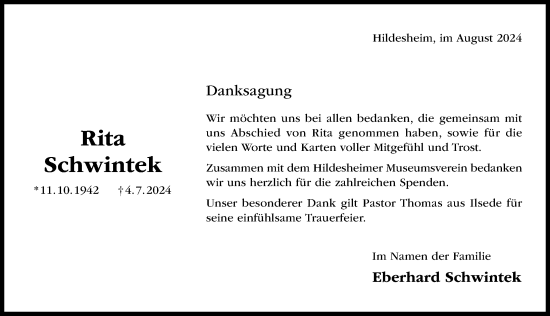 Traueranzeige von Rita Schwintek von Hildesheimer Allgemeine Zeitung