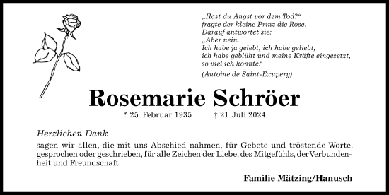 Traueranzeige von Rosemarie Schröer von Hildesheimer Allgemeine Zeitung