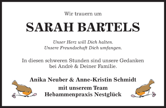 Traueranzeige von Sarah Bartels von Hildesheimer Allgemeine Zeitung