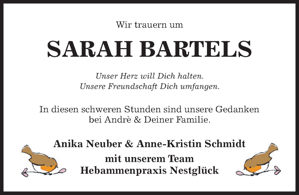  Traueranzeige für Sarah Bartels vom 31.08.2024 aus Hildesheimer Allgemeine Zeitung