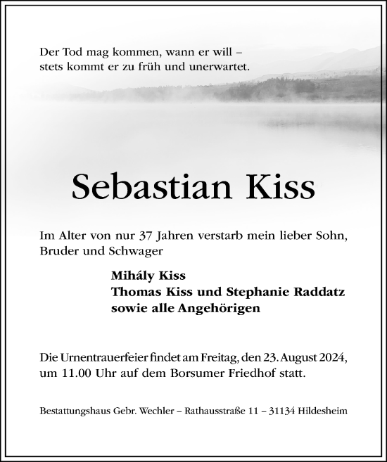 Traueranzeige von Sebastian Kiss von Hildesheimer Allgemeine Zeitung