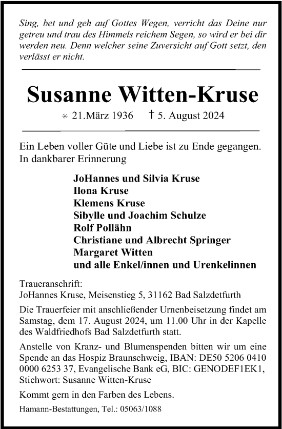 Traueranzeige von Susanne Witten-Kruse von Hildesheimer Allgemeine Zeitung